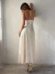 Aloruh 女士婚礼季性感优雅深 V 褶皱胸围刺绣修身腰部浪漫刺绣长裙蜜月装女士婚礼宾客礼服海岛度假装 - 杏色 - 查看 2