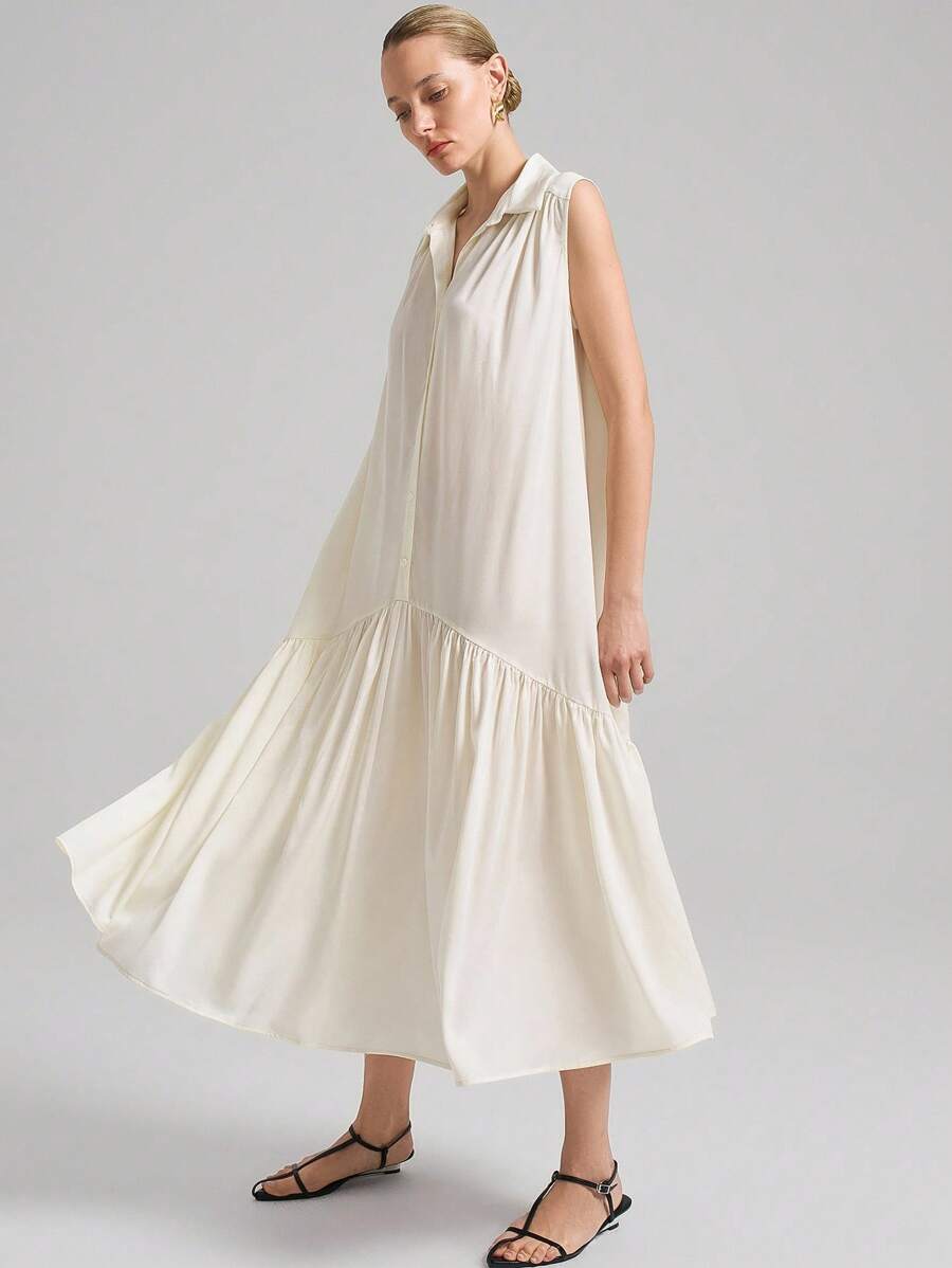 Ontre 2025 Women's Casual Commuting Solid Color Sleeveless Mid-Length Shirt Dress - White - View 1