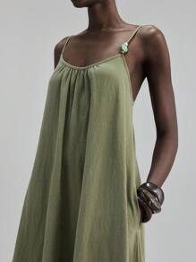 Ontre 秋季细肩带宽下摆连衣裙，带串珠装饰，休闲都市商务度假海滩度假音乐节优雅女士连衣裙 - 軍綠色 - 查看 2