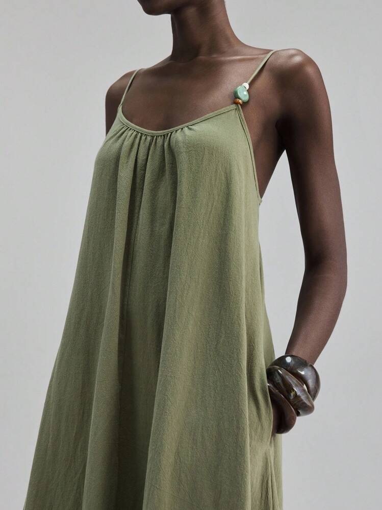 Ontre 秋季细肩带宽下摆连衣裙，带串珠装饰，休闲都市商务度假海滩度假音乐节优雅女士连衣裙 - 軍綠色 - 查看 1