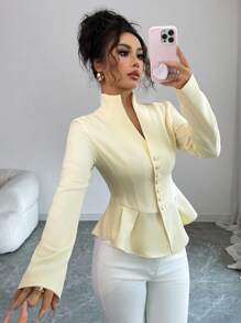 Elenzga Blusa de manga larga de color amarillo pálido con cuello alto, escote en V, botones delanteros, cintura acampanada y bajo asimétrico, para uso formal, oficina, casual, vacaciones, fiesta, estilo vintage, maestro y estilo del Medio Oriente