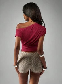 MISSGUIDED Top corto acanalado de hombros descubiertos con cintura fruncida y cuello ancho para fiestas de verano, ropa de calle, festivales, moda casual de todos los días, Navidad