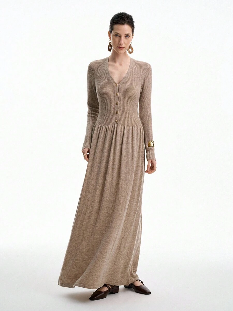 SHEIN LUNE 秋冬款 V 领羊毛金属扣中长连衣裙 - 摩卡棕 - 查看 1