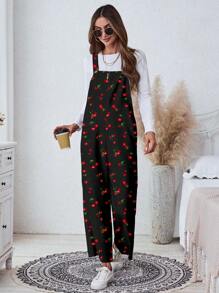 SHEIN LUNE Women's Casual Cherry Print Pocket Loose Jumpsuit, Suitable For Autumn/Winter Cherry Print Jumpsuit