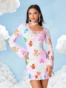 SHEIN X Care Bears Women's Cartoon Bear Pattern Square Neck Long Sleeve Short Dress - Pink - View 4