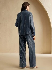 Anewsta 女士时尚亮片装饰牛仔效果衬衫 - 藏蓝色 - 查看 2