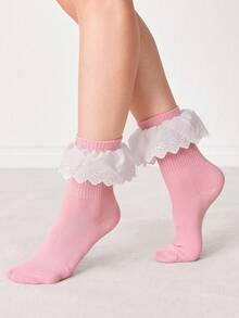 ROMWE Kawaii 1 Pair Cute Lace Hollow Out Mid-Calf Socks, Sweet Ruffled Hem Pink Short Socks, Versatile JK School Style Socks For Women - Multicolor - View 5