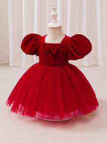Glamorique Kids Robe de fête de Noël pour bébé fille, robe du Père Noël, robe du Nouvel An, robe de princesse en velours et tulle à manches bouffantes avec nœud papillon pour jeune fille, convient pour Noël, Halloween, représentations sur scène, Moyen-Orient, occasions formelles, toutes saisons, robe de Noël - Rouge - Voir 4