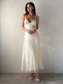 Aloruh 女士婚礼季性感优雅深 V 褶皱胸围刺绣修身腰部浪漫刺绣长裙蜜月装女士婚礼宾客礼服海岛度假装 - 杏色 - 查看 3