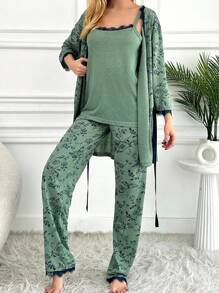 EURMUSE 100%纯棉3件套女士纯棉花朵印花蕾丝家居睡衣套装