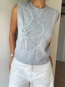 Elenzga 灰色刺绣休闲优雅针织背心，秋冬 - 灰色 - 查看 8