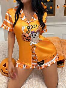SHEIN Pijama de Cetim Feminino com Estampa Posicionada de Abóbora e Esqueleto, Conjunto de Pijama de Halloween Feminino Laranja, Pijama de Halloween Feminino - Amarelo - Visão 2