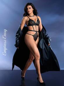 花卉蕾丝镂空泰迪连体衣内衣，坏蛋造型 - 黑色 - 查看 3