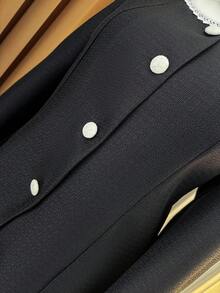 DreamSkyne Veste élégante grande taille avec boutons et garniture en dentelle blanche contrastante - Noir - Voir 5
