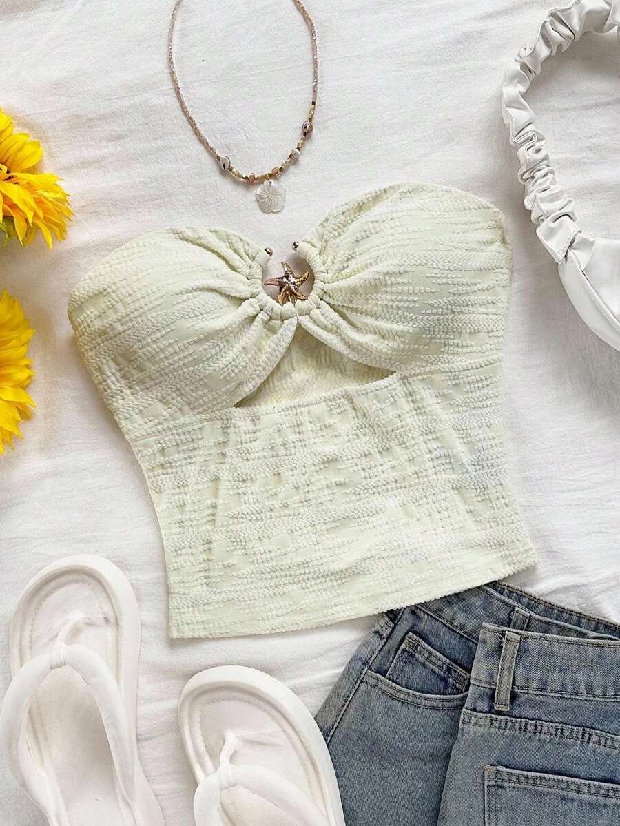 Soleia Women's Vacation Starfish Texture Hollow Out Bandeau Crop Top, Sexy For Party, Date, Afternoon Tea, Beach, Summer