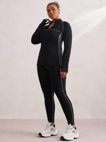 Easithlete Plus Size Color Block Splice Long Sleeve Jacket With Sport Pants Set Workout Women Set