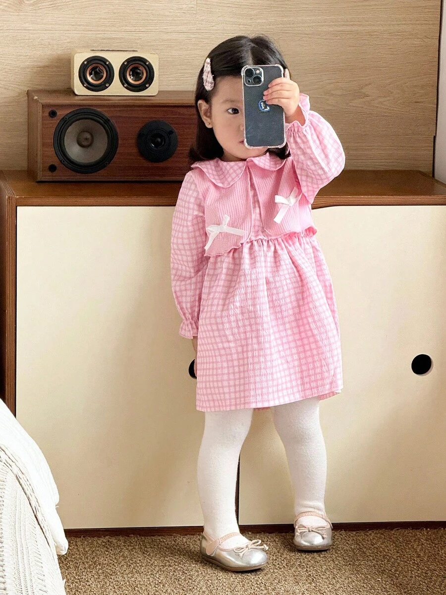 SHEIN 女婴甜美可爱粉色格子二合一长袖连衣裙,撞色白色蝴蝶结装饰 - 粉色 - 查看 1