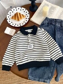 SHEIN Schulanfang Saison Baby Jungen/Mädchen Schwarz & Weiß Dickkragen Lässig Bequem Vielseitig Süß Kontrast Farbe Gestreift Langarm Sweatshirt, College Stil