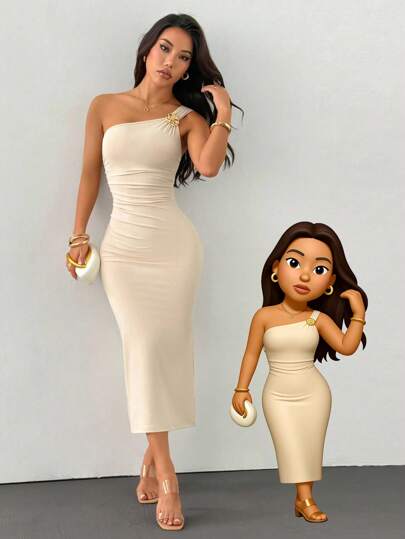 SHEIN PETITE Falda de cola de pez con pliegues asimétricos y broche dorado como decoración