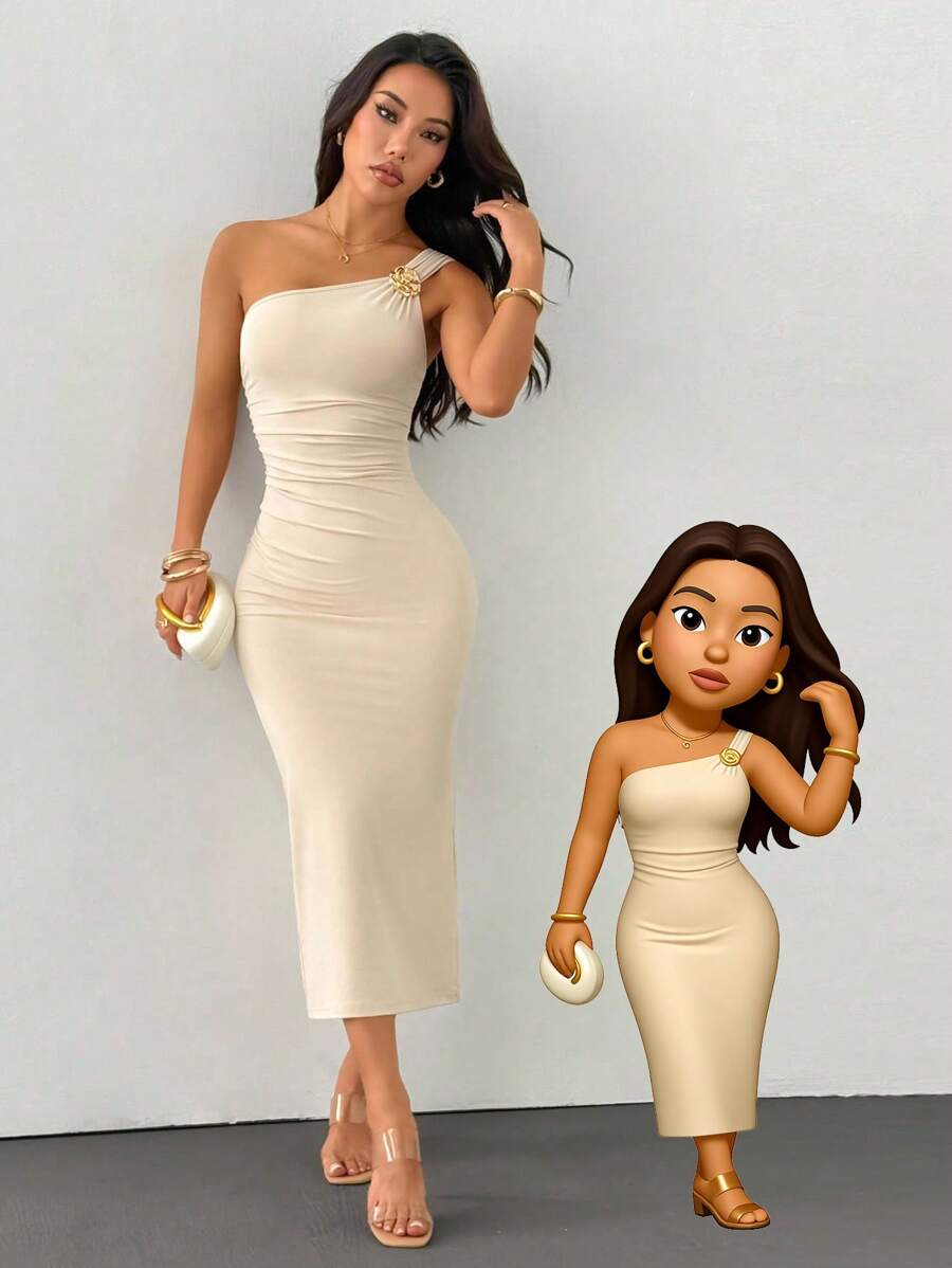 SHEIN PETITE Chân váy đuôi cá xếp nếp cổ bất đối xứng đính trâm cài áo màu vàng - Màu be - Xem 1