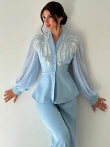 Firerie 女士优雅、精致、浪漫、端庄的日常通勤、约会、派对、返校、老师、度假珍珠和水钻装饰收腰雪纺灯笼袖夹克和高腰阔腿裤蓝色 2 件套 - 藍色 - 查看 6