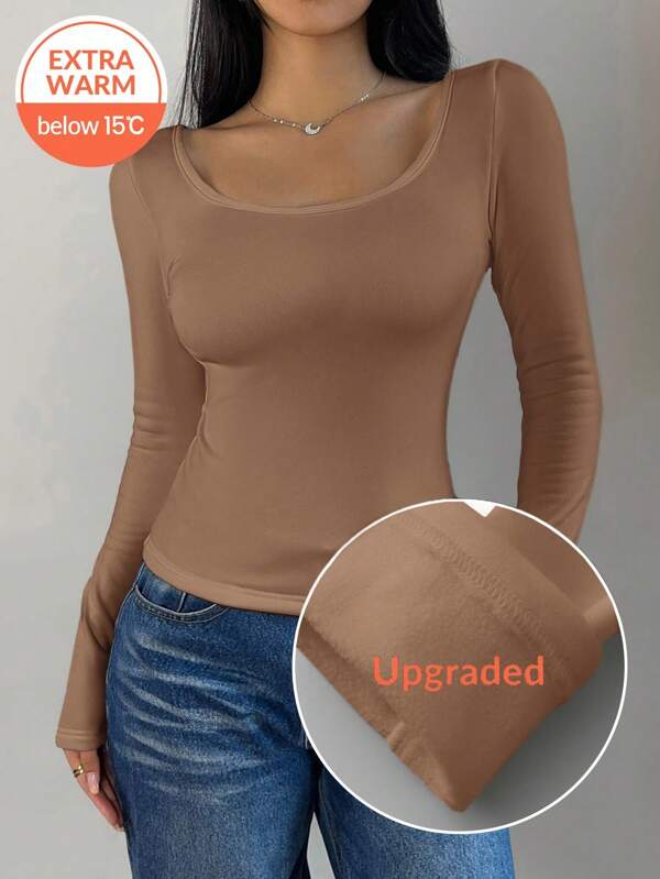 SHEIN BASICS Damen Lässig einfarbiges Strick-Rundhals-Langarm-Slim-Fit-T-Shirt, aufgewerteter Thermalstoff, flauschig gefüttert ohne Volumen, schlank geschnittenes Stretch-Unterhemd-Bluse für Herbst und Winter