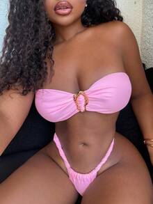 Alexandranx Women Beach Summer Outfits - Solid Color Bandeau Metallic Decor And Thong Bikini Set, Sexy Swimwear - Pink - View 3