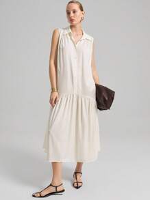 Ontre 2025 Women's Casual Commuting Solid Color Sleeveless Mid-Length Shirt Dress - White - View 3