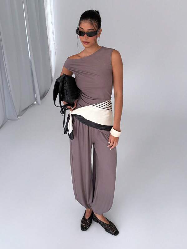 AiiRZ Ribbed Asymmetrical Sleeveless Top Fluid Jersey Balloon Trousers Two Piece Set Contemporary Casual Loungewear Fall Winter Co-Ord Outfit