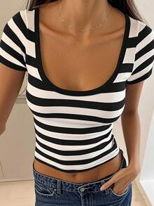 INAWLY Solva Women's Casual Colorblock Striped Cropped T-Shirt, Summer - Black - View 1