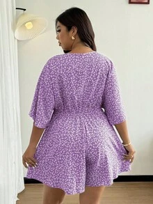 Sunnyshic Plus Size Women's V-Neck Button Ruffle Sleeve Short Sleeve Loose Shorts Elegant Floral Cute Vacation Casual French Jumpsuit, Spring/Summer