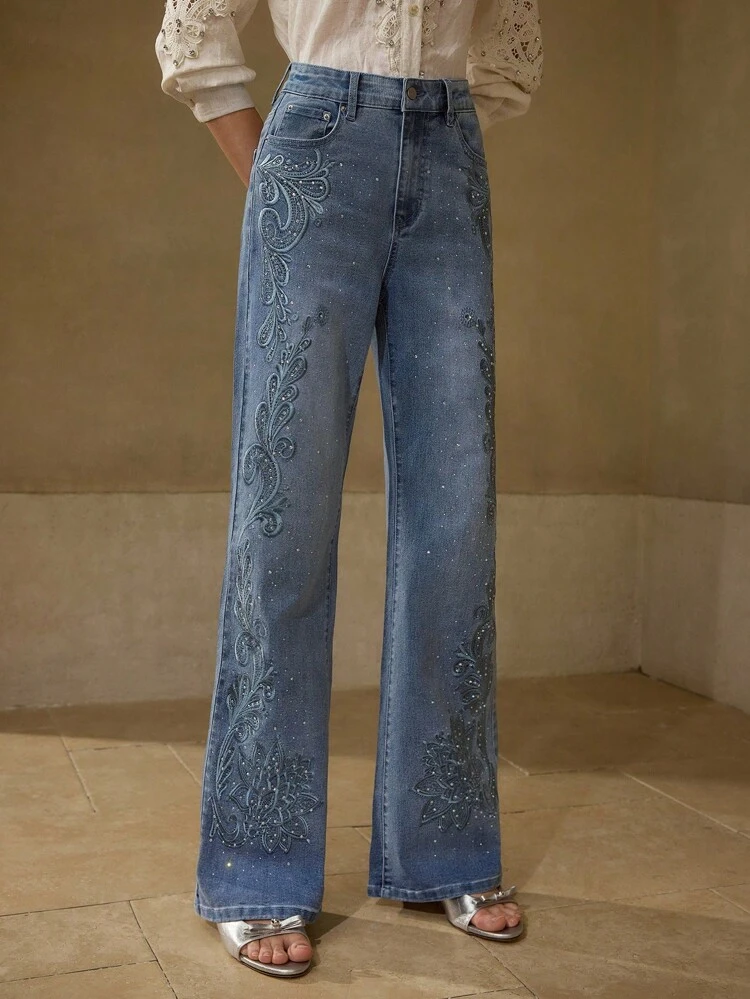 EMBROIDERY RHINESTONE FLARE LEG JEANS