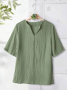 Rusticease Camisa de verano casual de talla grande, de unicolor, con botones delanteros y manga corta - verde menta - Ver 1