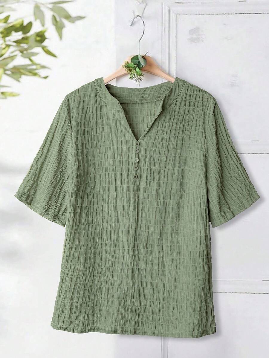 Rusticease Camisa de verano casual de talla grande, de unicolor, con botones delanteros y manga corta - verde menta - Ver 1