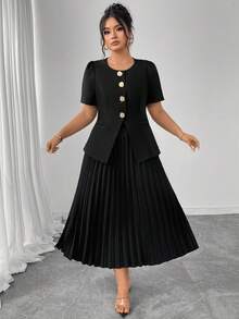 Elenzga Plus Size Women Metal Button Decor Round Neck Top And Pleated Skirt Elegant 2 Pieces Set