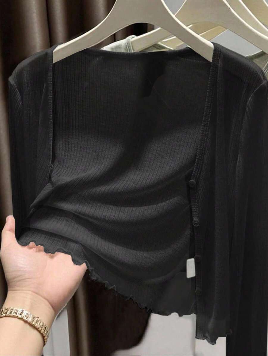 INAWLY Cárdigan de manga larga con volantes de unicolor, ropa de otoño e invierno para mujeres, talla estándar - Negro - Ver 1