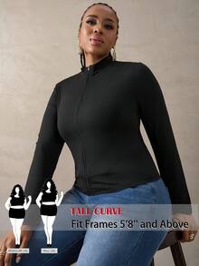 SHEIN Tall CURVE 大码女式休闲弹力半拉链 V 领紧身长袖 T 恤，秋冬基本款 - 黑色 - 查看 1