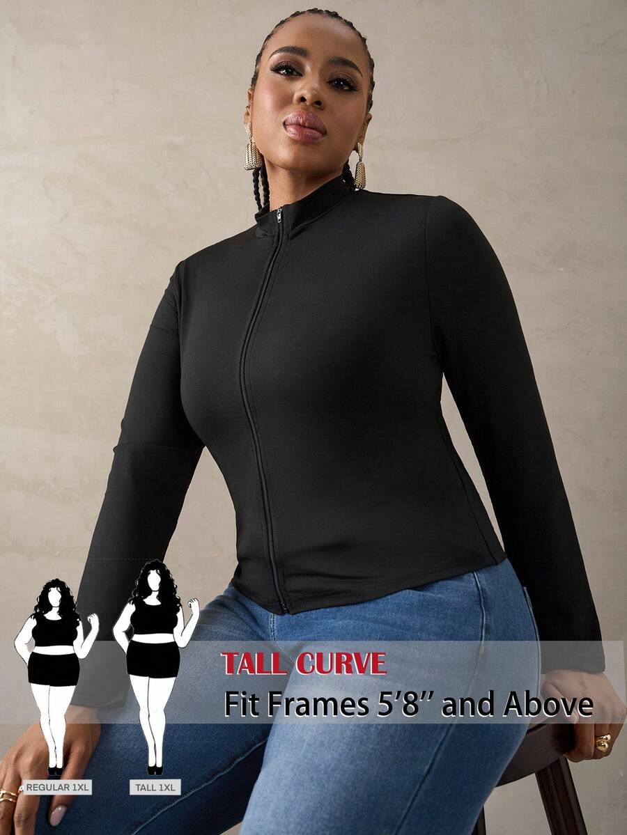 SHEIN Tall CURVE 大码女式休闲弹力半拉链 V 领紧身长袖 T 恤，秋冬基本款 - 黑色 - 查看 1