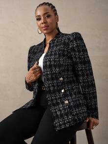 SHEIN Tall CURVE Giacca da donna taglie forti con decorazione fibbia in metallo, in tessuto finto tweed, giacca elegante da indossare tutti i giorni e casual da ufficio, blazer in tweed per donna taglie forti, giacca in tweed per donna taglie forti, blazer in tweed per donna in autunno/inverno
