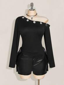 SHEIN ICON Áo len dệt kim tay dài đính lỗ kim loại chéo vai cỡ lớn, thời trang thu đông Y2K cổ điển - màu đen - Xem 3