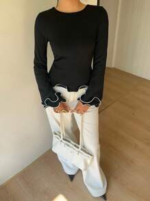 Siren Gaze 老钱风格女士商务休闲外出上衣，女士秋季服装，黑色通勤休闲下摆蕾丝白色撞色露背蝴蝶结喇叭长袖女士时尚优雅圆领荷叶边下摆T恤 - 黑色 - 查看 6