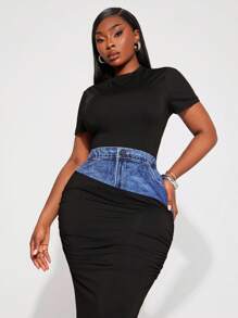 SHEIN SXY Set elegante, glamour e sexy da 2 pezzi in stile minimalista per donna, in effetto jeans con stampa patchwork, adatto per uso quotidiano, festival musicali, concerti, carnevale, vacanze al mare, appuntamenti, compleanni, addio al nubilato, discoteche, casual, shopping, uscite, facile da abbinare e snellente, che valorizza la figura.