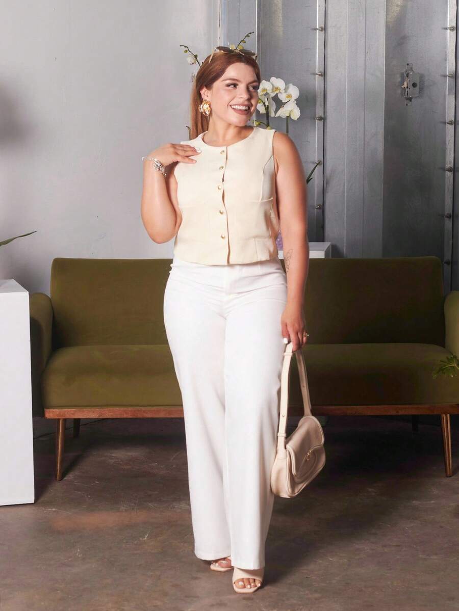 Lupita Cardoza 女士纯色圆领无袖修身夹克,适合春夏季和秋季服装 - 杏色 - 查看 1