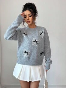 Elenzga Women's Round Neck Drop Shoulder Long Sleeve Bow Decor Heart Sequin Sweater Fall Winter Cloth For Women - Grey - View 5