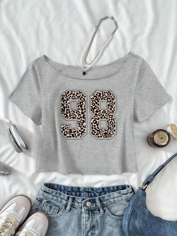 Teen Girls' Casual Light Gray Knit Slogan Open Shoulder Short Sleeve Fitted Top, Leopard Print Digit 98 Digital Printing, Suitable For Spring & Summer, Refreshing, Basic, Daily, Versatile, Sports Chic Summer Top, Back To School, School Uniform