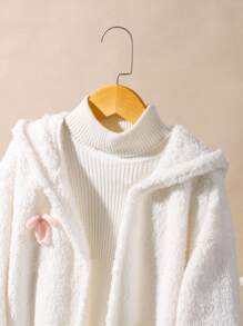 Girls' Colorful 3D Bow Fluffy Mid-Length Coat, Casual Winter Jacket Suitable For Travel And Holiday Fall - White - View 3