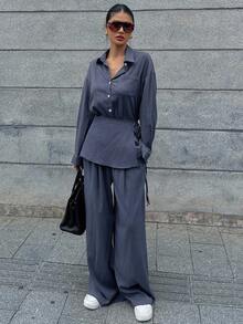 DAZY 3pcs Set: Striped Shirt, Fashionable Wide-Leg Pants, Stylish Design Lounge Sets For Women - Navy Blue - View 4