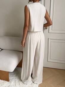 SHEIN EZwear 杏色梭织女式圆领无袖上衣和长裤套装