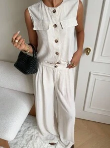 SHEIN EZwear 杏色梭织女式圆领无袖上衣和长裤套装