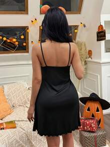 SHEIN 女式万圣节骷髅手印花休闲生菜边细肩带睡袍 - 黑色 - 查看 3